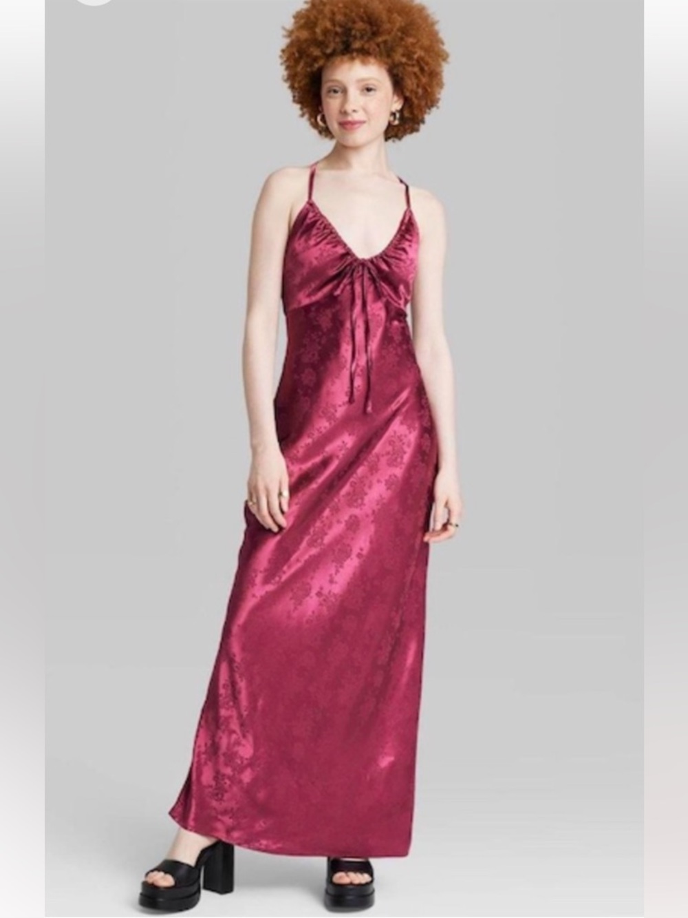 wild fable Satin Maxi Dress Cross Back Tie Front Burgundy Floral Jacquard NWT L